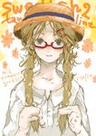  blonde_hair blue_eyes braid dress_shirt freckles fuyuno_haruaki glasses hair_pull hat lips long_hair messy_hair pop'n_music red-framed_eyewear risette shirt solo twin_braids 