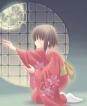  brown_hair closed_eyes full_moon japanese_clothes kimono kneeling kurasawa_kyoushou moon original short_hair solo 