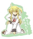  ;d all_fours arisa_bannings blonde_hair capelet dress frills full_body green_background grin leaning_forward looking_at_viewer lyrical_nanoha mahou_shoujo_lyrical_nanoha one_eye_closed open_mouth sailor_collar school_uniform seishou_elementary_school_uniform simple_background smile solo teeth text_focus translation_request white_dress zero_point 