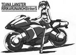  belt belt_buckle buckle character_name cropped_vest cross_mirage gloves greyscale ground_vehicle gun lyrical_nanoha magical_girl mahou_shoujo_lyrical_nanoha_strikers mikage_nao monochrome motor_vehicle motorcycle open_clothes open_vest short_twintails solo teana_lanster thighhighs twintails typo vest weapon 