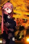  1girl absurdres artist_name bangs blue_kimono blurry blurry_background blush bow braid breasts eyebrows_visible_through_hair garin girls_frontline hair_between_eyes hair_bow hair_ornament hair_ribbon hairclip hexagram highres japanese_clothes kimono long_hair looking_at_viewer medium_breasts negev_(girls_frontline) night obi one_side_up outdoors pink_hair red_bow red_eyes ribbon sash smile solo standing star_of_david 