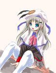  55kb blue_eyes bow buttons cape fang hat large_buttons little_busters! long_hair noumi_kudryavka pink_bow plaid plaid_skirt silver_hair skirt solo thighhighs 
