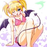  arcana_heart bat_wings bikini blonde_hair blue_eyes blush breasts cleavage demon_girl fang lilica_felchenerow lowres medium_breasts natsumi_akira one_eye_closed pointy_ears solo swimsuit tail tempestas twintails wings 