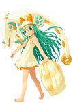  animal_hat barefoot chameleon dress fantasy feet green_eyes green_hair hat komin-chan long_hair machine original pillow smile solo vanilla_(v-palace) walking 