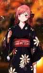  1girl artist_name bangs blue_kimono blurry blurry_background blush bow braid breasts earrings eyebrows_visible_through_hair garin girls_frontline hair_between_eyes hair_bow hair_ornament hair_ribbon hairclip hexagram highres holding japanese_clothes jewelry kimono light_particles long_hair looking_away medium_breasts negev_(girls_frontline) night obi one_side_up outdoors pink_hair red_bow red_eyes ribbon sash smile solo standing star_of_david 