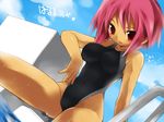  artist_name blush cloud competition_swimsuit day dutch_angle highleg highleg_swimsuit kamiyoshi_rika looking_down one-piece_swimsuit open_mouth original outdoors pink_eyes pink_hair pool pool_ladder poolside sitting sky soaking_feet solo starting_block swimsuit tan wet 