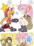  ahoge animal_ears blue_eyes blush_stickers brown_hair cat_ears chibi closed_eyes comic cropped_jacket gloves hair_ornament hat jacket karamiti long_skirt lyrical_nanoha magical_girl mahou_shoujo_lyrical_nanoha_strikers military military_uniform multiple_girls no_legwear open_clothes open_jacket paw_gloves paw_shoes paws pink_hair ponytail red_hair shoes side_ponytail signum skirt takamachi_nanoha translated tsab_ground_military_uniform twintails uniform vita x_hair_ornament yagami_hayate 