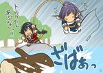  animal_ears chibi fishing fishing_rod head_wings holding holding_fishing_rod karura_(utawareru_mono) kurotani_kyoukutsu long_hair lowres multiple_girls purple_hair tail touka_(utawareru_mono) translated utawareru_mono 