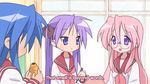  chocolate_cornet food hiiragi_kagami izumi_konata lucky_star multiple_girls purple_hair screencap subtitled takara_miyuki 