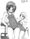  bracelet covered_navel dated glasses greyscale holding jewelry kei_jiei looking_at_viewer monochrome multiple_girls one-piece_swimsuit original school_swimsuit short_hair sketch smile swim_cap swimsuit wet 