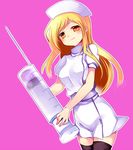  bangs blonde_hair blush breasts hat higurashi_no_naku_koro_ni large_syringe long_hair medium_breasts nurse nurse_cap orange_eyes oversized_object parted_bangs smile solo subaru_(yachika) syringe takano_miyo thighhighs zettai_ryouiki 