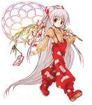  arm_garter bamboo bangs bow carrying fujiwara_no_mokou hair_bow head_tilt honokan long_hair ofuda pants red_eyes silver_hair solo suspenders touhou very_long_hair walking 