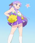  cheerleader flat_chest hiiragi_kagami lowres lucky_star mebae panties pantyshot pom_poms purple_hair solo twintails underwear white_panties 