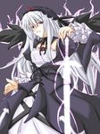  black_dress black_wings cross-laced_clothes dress energy_sword frilled_sleeves frills hairband juliet_sleeves lolita_hairband long_sleeves looking_at_viewer pink_eyes puffy_sleeves ribi rozen_maiden silver_hair solo suigintou sword weapon wings 