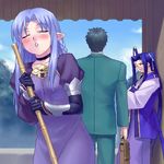  2boys assassin_(fate/stay_night) blush broom caster dress fate/stay_night fate_(series) kuzuki_souichirou long_dress lowres monohoshizao multiple_boys oekaki pointy_ears sword weapon zen 