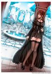  arch black_dress brick brown_hair bush choker cloud cobblestone corset courtyard cross dress fei_(maidoll) floor flower fountain frills gate lace latin_cross legs long_hair looking_away original shoes sky solo stone text_focus thighhighs tiles tree twintails wall water zettai_ryouiki 