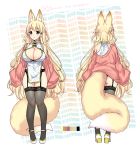  1girl animal_ear_fluff animal_ears ass bangs bare_shoulders black_legwear blonde_hair blush breasts china_dress chinese_clothes commentary_request dress eyebrows_visible_through_hair fox_ears fox_girl fox_tail full_body garter_straps hair_between_eyes hair_rings high_heels highres lace lace-trimmed_legwear large_breasts long_hair long_sleeves miyano_ururu off_shoulder original pink_sweater red_eyes sketch smile solo standing sweater tail thighhighs very_long_hair white_footwear 