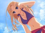  bikini blonde_hair breasts cleavage cloud day fang from_below game_cg hair_ornament hairclip hand_in_hair horiuchi_sana jewelry long_hair medium_breasts murakami_suigun navel necklace pia_carrot_(series) pia_carrot_e_youkoso!!_g.o. purple_eyes sky solo swimsuit 