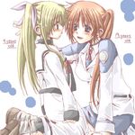  aihara_(keitora) bad_id bad_pixiv_id blonde_hair blush brown_hair eye_contact fate_testarossa looking_at_another lowres lyrical_nanoha mahou_shoujo_lyrical_nanoha mahou_shoujo_lyrical_nanoha_strikers military military_uniform multiple_girls pantyhose takamachi_nanoha thighhighs time_paradox tsab_air_military_uniform uniform 