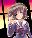  blue_eyes blush bow brown_hair crying crying_with_eyes_open dress hand_up original red_bow sad sailor_dress school_uniform shiranagi short_hair smile solo sunset tears window 