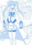  blue bow cool_your_head fingerless_gloves fue_(rhomphair) gloves lyrical_nanoha magazine_(weapon) magical_girl mahou_shoujo_lyrical_nanoha_strikers monochrome raising_heart sketch solo takamachi_nanoha thighhighs translated twintails waist_cape white_devil 