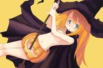  29_(artist) cape copyright_request hat naked_pumpkin pumpkin solo topless witch_hat yellow_background 