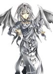  bat_wings closed_mouth cowboy_shot detached_collar expressionless frilled_sleeves frills kurokoeda looking_at_viewer rozen_maiden silver_hair simple_background solo suigintou white_background wings 