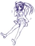  camisole eighth_note full_body headphones high_heels long_hair midriff monochrome musical_note original ponytail purple sandals shoes simple_background sketch solo toes yuuki_eishi 
