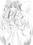  bonnet bow bowtie cowboy_shot dress drill_hair flower greyscale light_smile long_hair looking_at_viewer monochrome ribi rose rozen_maiden shinku sidelocks solo standing twin_drills twintails 