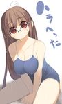  ahoge arima_senne breasts brown_hair cleavage covered_nipples glasses huge_breasts kashiwamochi_yomogi long_hair one-piece_swimsuit original red_eyes school_swimsuit solo swimsuit translated 