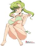  bikini breasts copyright_request eyebrows_visible_through_hair full_body green_bikini green_eyes green_hair halter_top halterneck huge_breasts looking_at_viewer oekaki one_eye_closed onija_tarou shiny shiny_skin side-tie_bikini simple_background smile solo striped striped_bikini swimsuit twintails w_arms watermark web_address white_background 