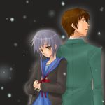  1girl cardigan kita_high_school_uniform kyon nagato_yuki school_uniform serafuku snowing suzumiya_haruhi_no_yuuutsu 