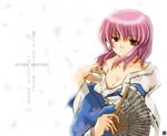  breasts character_name cleavage fan folding_fan hana_(hana_mo_arashi_mo) japanese_clothes kimono large_breasts looking_away off_shoulder pink_hair red_eyes saigyouji_yuyuko short_hair simple_background solo touhou 