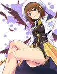  black_wings blue_eyes brown_hair hair_ornament hat lyrical_nanoha mahou_shoujo_lyrical_nanoha_strikers okiura panties pantyshot schwertkreuz short_hair skirt solo staff underwear wings x_hair_ornament yagami_hayate 