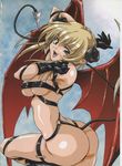  :d amano_yoki armpits ass bat_wings black_gloves blonde_hair boots breasts copyright_request covered_nipples demon_girl demon_tail fang from_behind gloves green_eyes highres horns knee_boots large_breasts long_hair looking_back open_mouth scan shiny shiny_skin sideboob smile solo tail underboob wings 