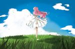  blue_sky cloud code_geass day dress euphemia_li_britannia field floating_hair from_behind full_body grass long_hair outdoors pink_hair plant sasahara_rena sky solo standing summer white_dress wind 