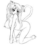  animal_ears barefoot breasts cat_ears copyright_request full_body greyscale himadarou huge_breasts monochrome nude solo tail 