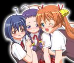  ahoge aqua_eyes ayase_yue bell blue_eyes blue_hair blush braid gambler_club girl_sandwich hair_ornament hairclip hug jingle_bell kagurazaka_asuna long_hair mahora_academy_middle_school_uniform mahou_sensei_negima! miyazaki_nodoka multiple_girls one_eye_closed orange_hair plaid plaid_skirt purple_hair red_eyes sandwiched school_uniform short_hair skirt twin_braids twintails vest 