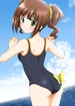  1girl ass brown_hair butterflies butterfly green_eyes idolmaster itsuki_sayaka looking_back ocean one-piece_swimsuit school_swimsuit solo swimsuit takatsuki_yayoi twintails 