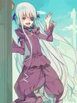  :d barasuishou cloud cloudy_sky crystal day dress eyepatch fakepucco hair_ornament long_hair long_sleeves looking_at_viewer open_mouth purple_dress rozen_maiden silver_hair sky smile solo very_long_hair waving white_hair yellow_eyes 