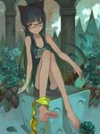  animal_ears black_school_swimsuit cat_ears copyright_request dice fake_animal_ears fakepucco glasses kama_(weapon) long_legs name_tag one-piece_swimsuit school_swimsuit sickle skinny solo swimsuit 
