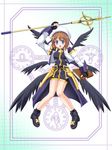  black_wings blue_eyes blush book boots brown_hair fingerless_gloves gloves hair_ornament hat jacket lyrical_nanoha magical_girl mahou_shoujo_lyrical_nanoha_strikers murasaki_atsushi open_clothes open_jacket open_mouth schwertkreuz short_hair skirt smile solo staff tome_of_the_night_sky waist_cape wings x_hair_ornament yagami_hayate 