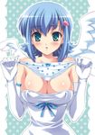  :o angel_wings asymmetrical_wings blue_hair blush bow bow_panties breasts cleavage elbow_gloves ena_roseo gloves green_eyes hair_ornament holding holding_panties large_breasts lowres nanael panties panties_around_one_finger polka_dot polka_dot_panties queen's_blade solo underwear white_panties wings 