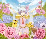  bracelet cape cloud day dress flower hair_flower hair_ornament happy jewelry multicolored_hair nia_teppelin open_mouth outstretched_arms petals pink_skirt skirt sky sleeveless solo spread_arms tengen_toppa_gurren_lagann tsuki_yuuhi 