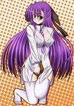  blush ginga_nakajima green_eyes lask long_hair lowres lyrical_nanoha mahou_shoujo_lyrical_nanoha_strikers purple_hair see-through shirt solo thighhighs wet wet_clothes wet_shirt 