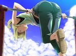  armpit_peek armpits artoria_pendragon_(all) ass blonde_hair casual cloud day fate/stay_night fate_(series) fukurou horizontal_bar no_socks saber sky solo upside-down 