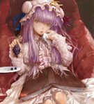  :p book bookmark bow bun_cover capelet coat couch crescent crescent_hair_ornament crescent_moon_pin double_bun dress food frills fruit fuyuno_haruaki grapes hair_bow hair_ornament hair_ribbon hat holding holding_food holding_fruit long_hair long_sleeves looking_at_viewer lowres mob_cap open_book open_clothes open_coat open_robe patchouli_knowledge plate purple_dress purple_hair ribbon robe sitting solo striped striped_dress tongue tongue_out touhou tress_ribbon very_long_hair 