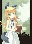  animal_ears aqua_eyes bad_id bad_pixiv_id blonde_hair blush book dress fox_ears ikura_hato long_hair looking_at_viewer nature original solo tail 