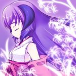  armpits bad_id bad_pixiv_id closed_eyes flower hakama hanyuu higurashi_no_naku_koro_ni horns japanese_clothes kimono long_hair profile purple_hair red_hakama shiratama_dango solo spider_lily 