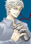  artist_request baccano! buttons collarbone collared_shirt dress_shirt evil_smile fingernails grey_shirt interlocked_fingers ladd_russo long_sleeves looking_at_viewer machinery male_focus mechanical_arm shirt silver_eyes silver_hair smile solo text_focus 